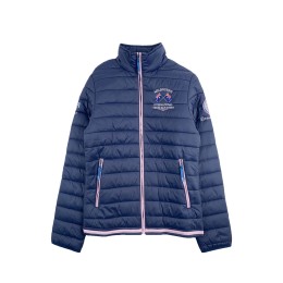 Customized navy blue quilted down jacket design embroidered emblem logo equestrian athlete quilted jacket supplier equestrian competition 100% nylon Australia J1002 Customized navy blue quilted down jacket design embroidered emblem logo equestrian athlete quilted jacket supplier equestrian competition 100% nylon Australia J1002